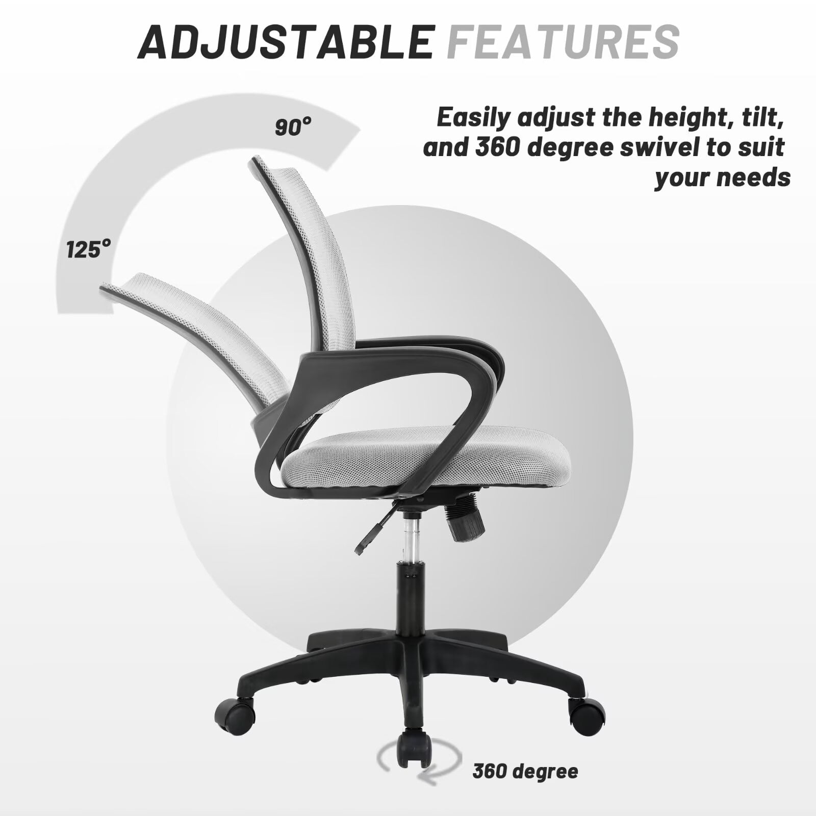 CL.HPAHKL Mesh Office Chair with Wheels, Adjustable Ergonomic Computer Desk Chair with Lumbar Support & Armrest, Comfortable Swivel Rolling Chair for Home Office Work Study, Grey