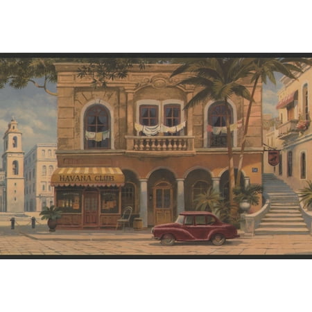 Havanas Cigar Shop Vintage Havana Cigar Shops City Square Dark Green Trim Wallpaper Border Retro Design, Roll 15' x 10