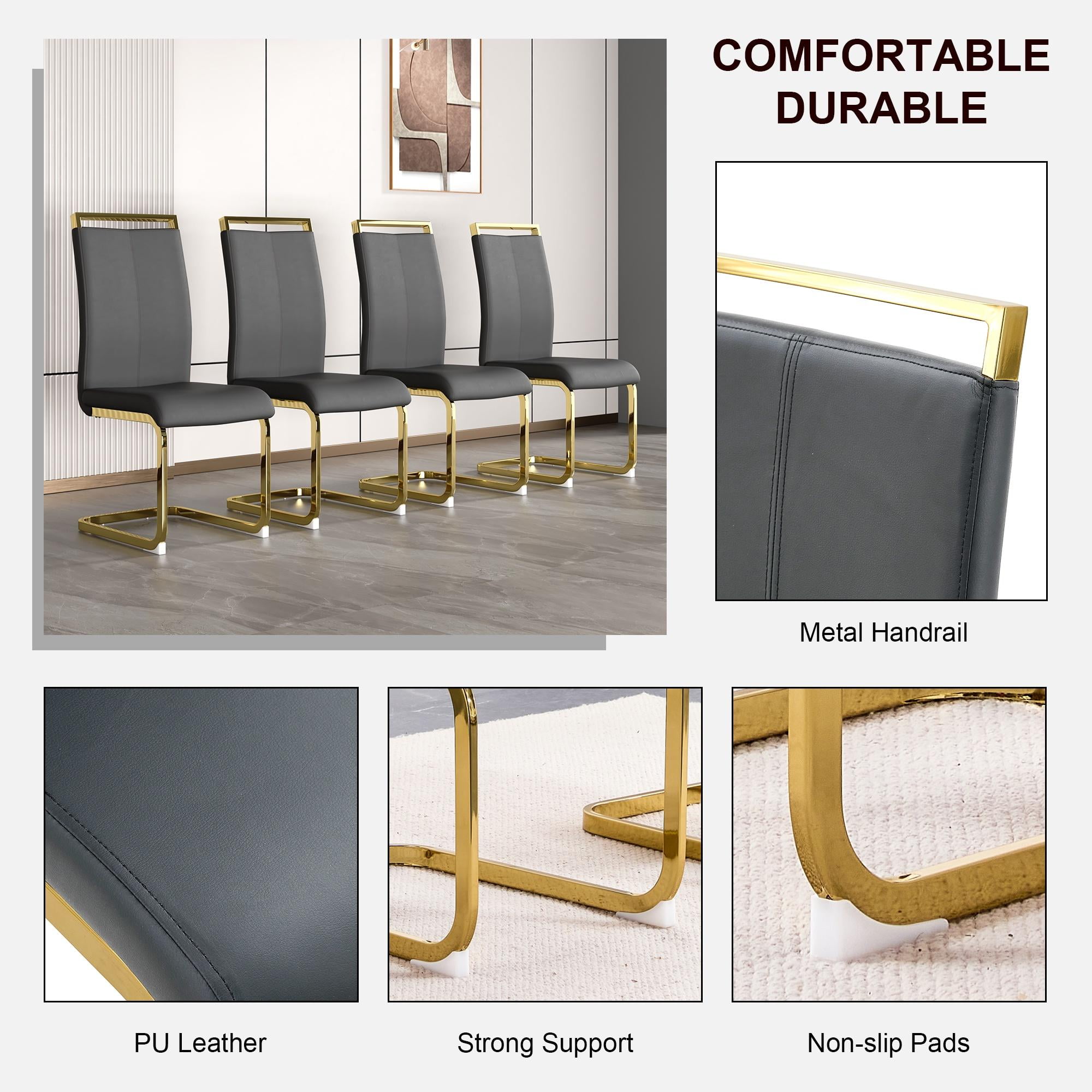 Sumdeal 63" Glass Dining Table Set for 4,Modern Dining Room Table Set for 4, Kitchen Table and PU Leather Chairs Set for 4, Dinner Table with Rectangle Tempered Glass Top and Chrome Golden Base