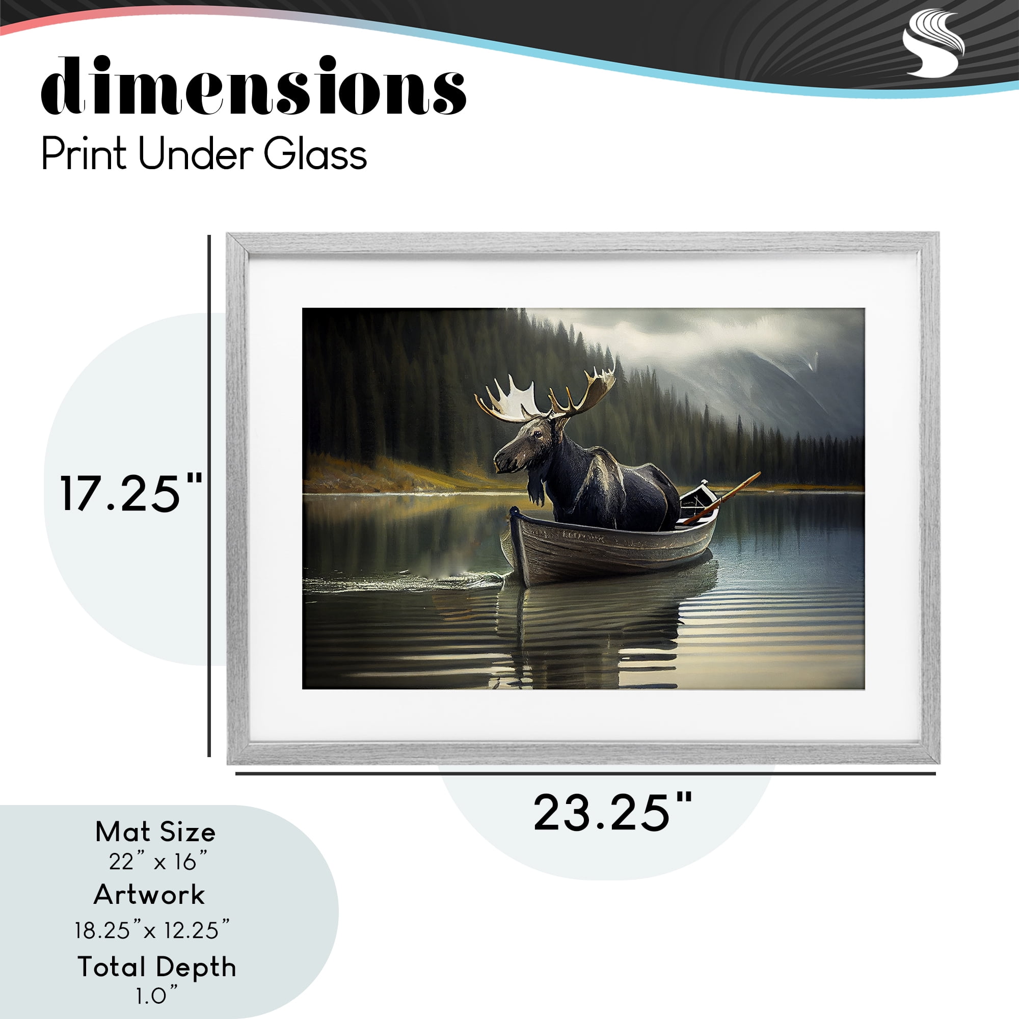 Moose in Canoe Tranquility Gray Framed Print Under Glass, design by Sasha
