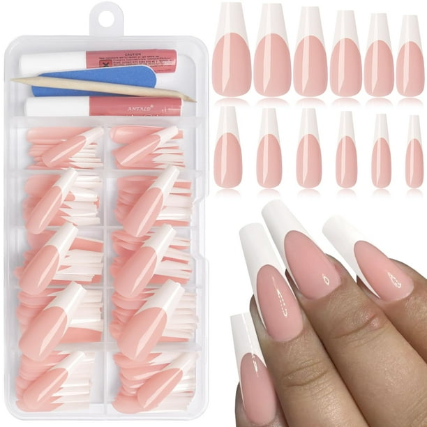 Bellelfin 120 piezas punta francesa blanca prensa en uñas bailarina larga uñas francesas falsas cubierta completa ataúd uñas postizas prensa en uñas pegamento acrílico artificial en uñas para mujeres