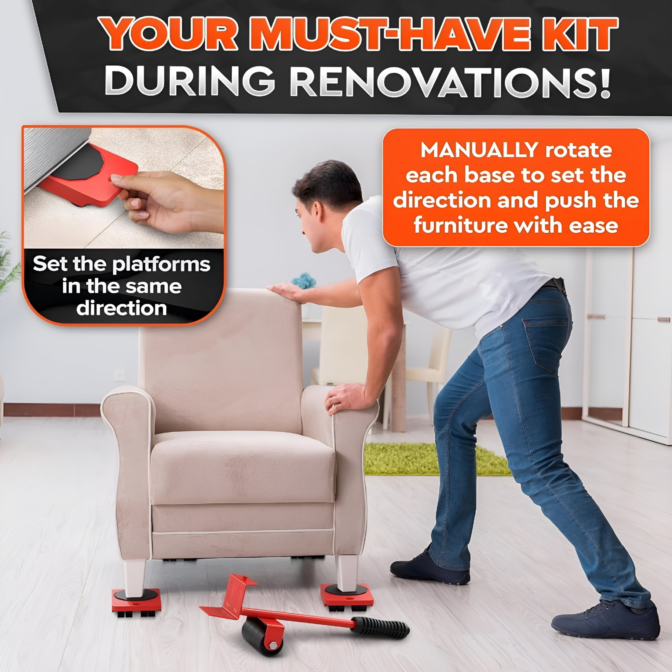 XIBUFE Furniture Lift Mover Tool Set,Heavy Duty Furniture Lifter With 4 Sliders with 360°Swivel,Moving Lifting for Home,Office,Sofas,Beds,Refrigerators More Heavy Furniture,Effort-Saving Design