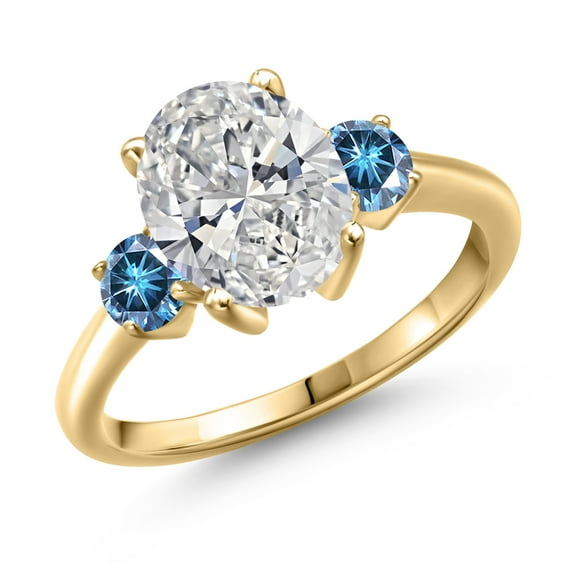 2.46 cttw IGI Certified Lab Grown Diamond and Persian Blue Moissanite 3-Stone Engagement Ring for Women | 18K Yellow Gold Plated Silver | Center 2.00 Ct Diamond | D-E Color | VS1-VS2 Clarity | Size 6