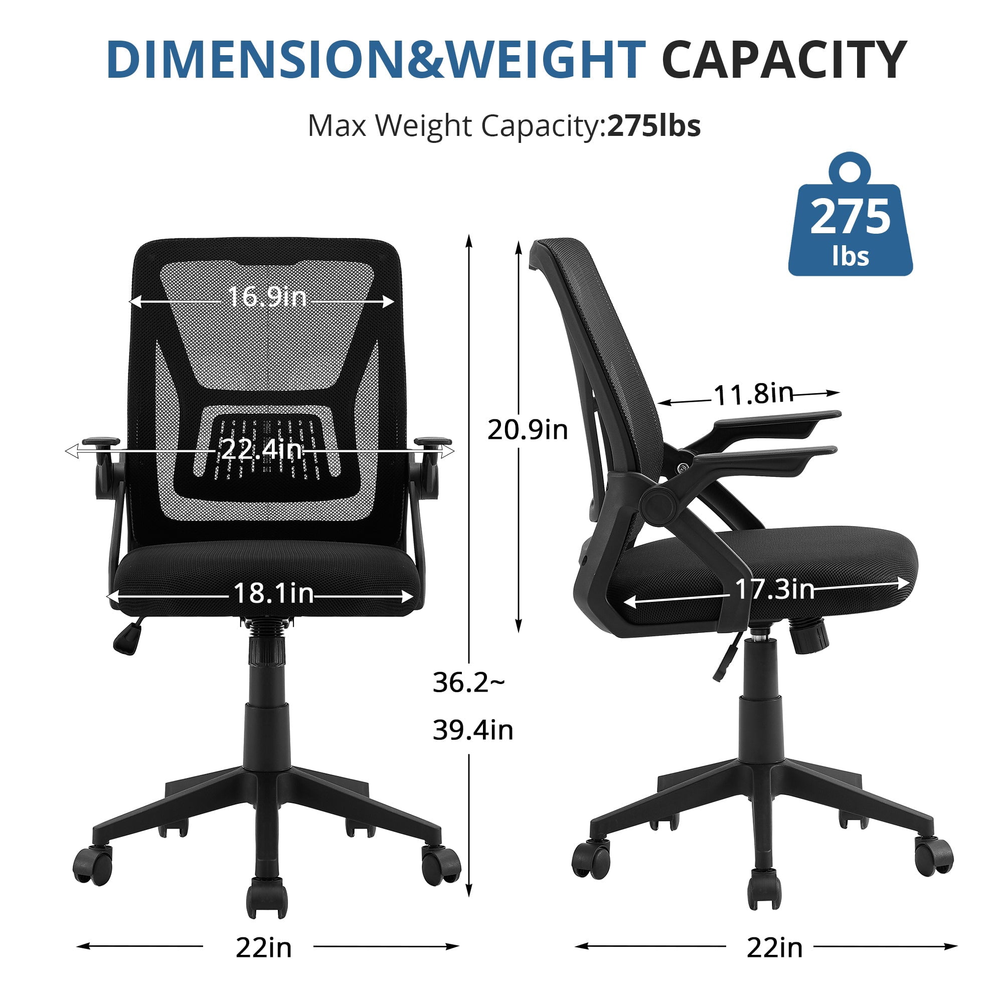VECELO Mid-Back Swivel Adjustable Ergonomic Office Chair, Mesh Lumbar Support and Adjustable Arms Task Chair for Computer, Black