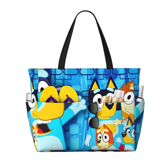 Kowoue Bluey Pattern Large Capacity Beach Travel Bag – Waterproof Tote with Multiple Pockets,Nylon Handles, Ideal for Beach, Travel, Pool, and Gym
