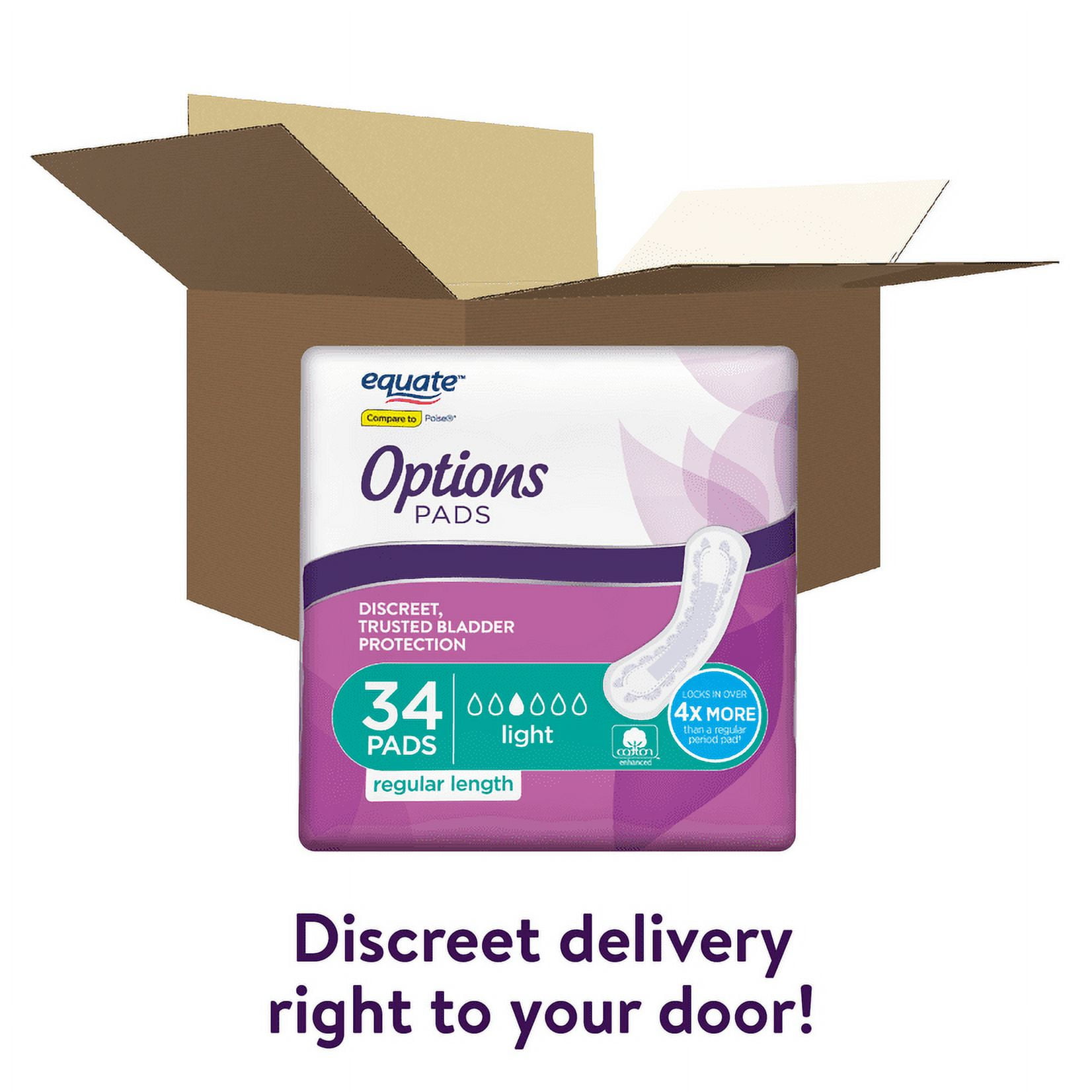 Equate Options Women's Incontinence Pads, Light Absorbency, Regular Length, Size 3, 34 Count