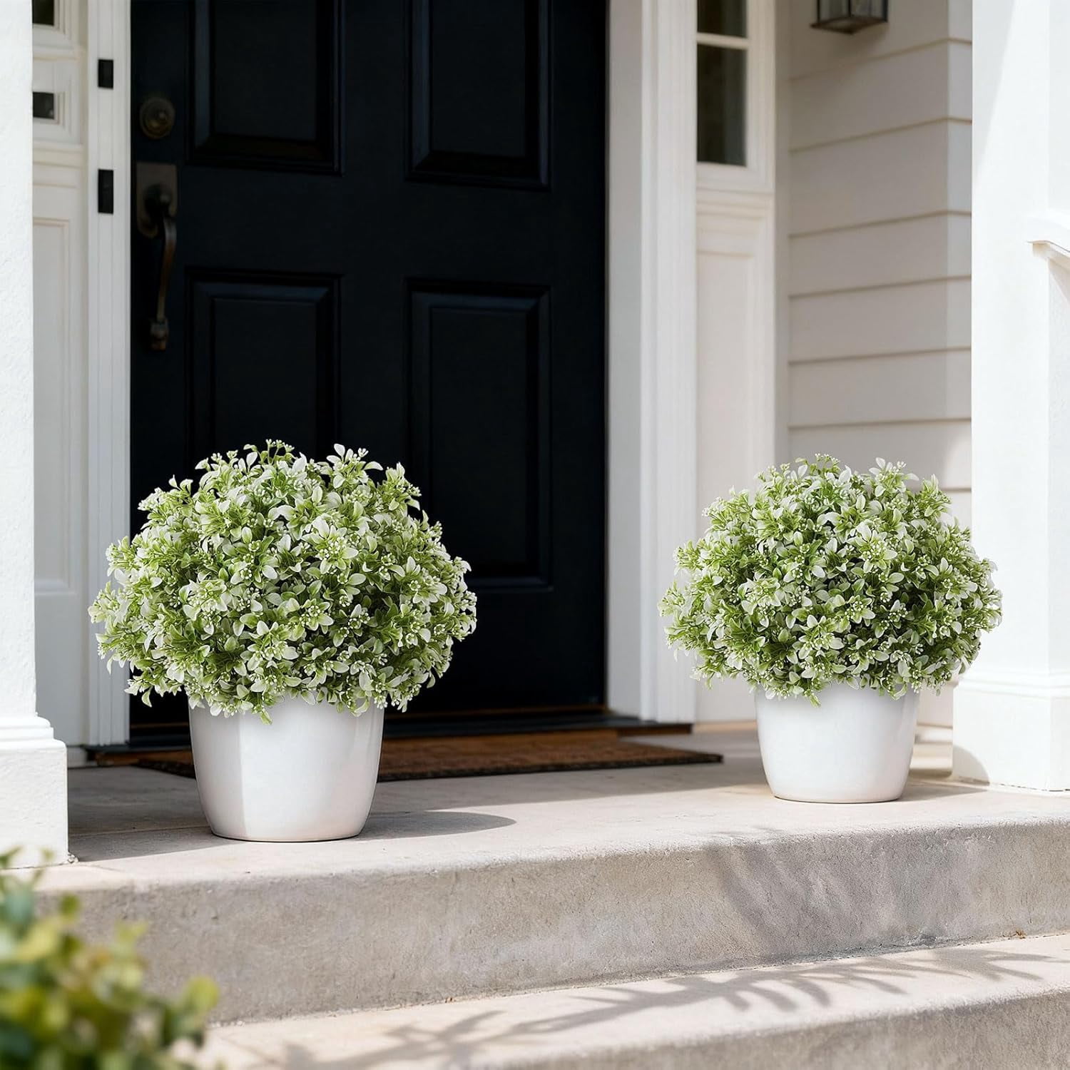 Set of 2 Artificial Boxwood Topiary Ball Trees for Front Door - Realistic Faux Aglaia Odorata Bush with Pot, Fake Eucalyptus Leaves Potted Plants for Porch Farmhouse Outdoor Decor (White-Green)