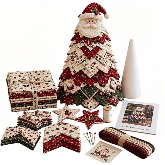 DIY Quilted Santa Christmas Tree Kit, Christmas Fabric Patchwork Craft Kit, Handmade Christmas Quilt Tabletop Tree Decor, DIY Patchwork Kit Holiday Sewing Craft(C)