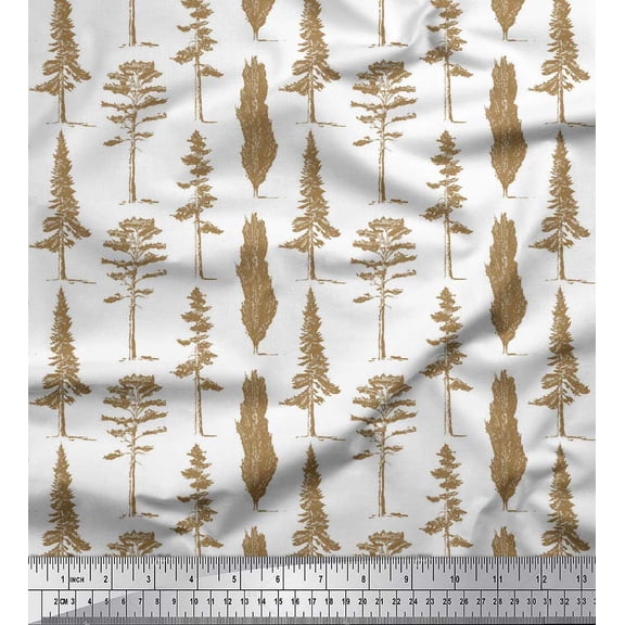 Soimoi Brown Poly Georgette Fabric Sketch Cedar Tree Decor Fabric Printed Yard 42 Inch Wide