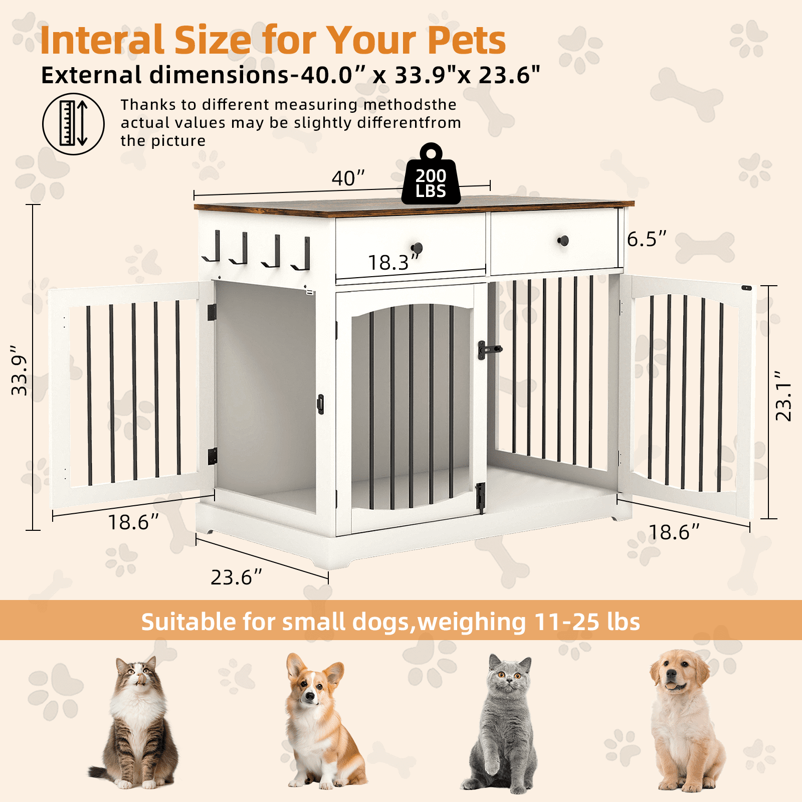 Flictozena 40 Inch Dog Crate Furniture - House Style Wooden Pet Kennel End Table with 2 Doors & Storage Drawers for Indoor Large Dogs, White