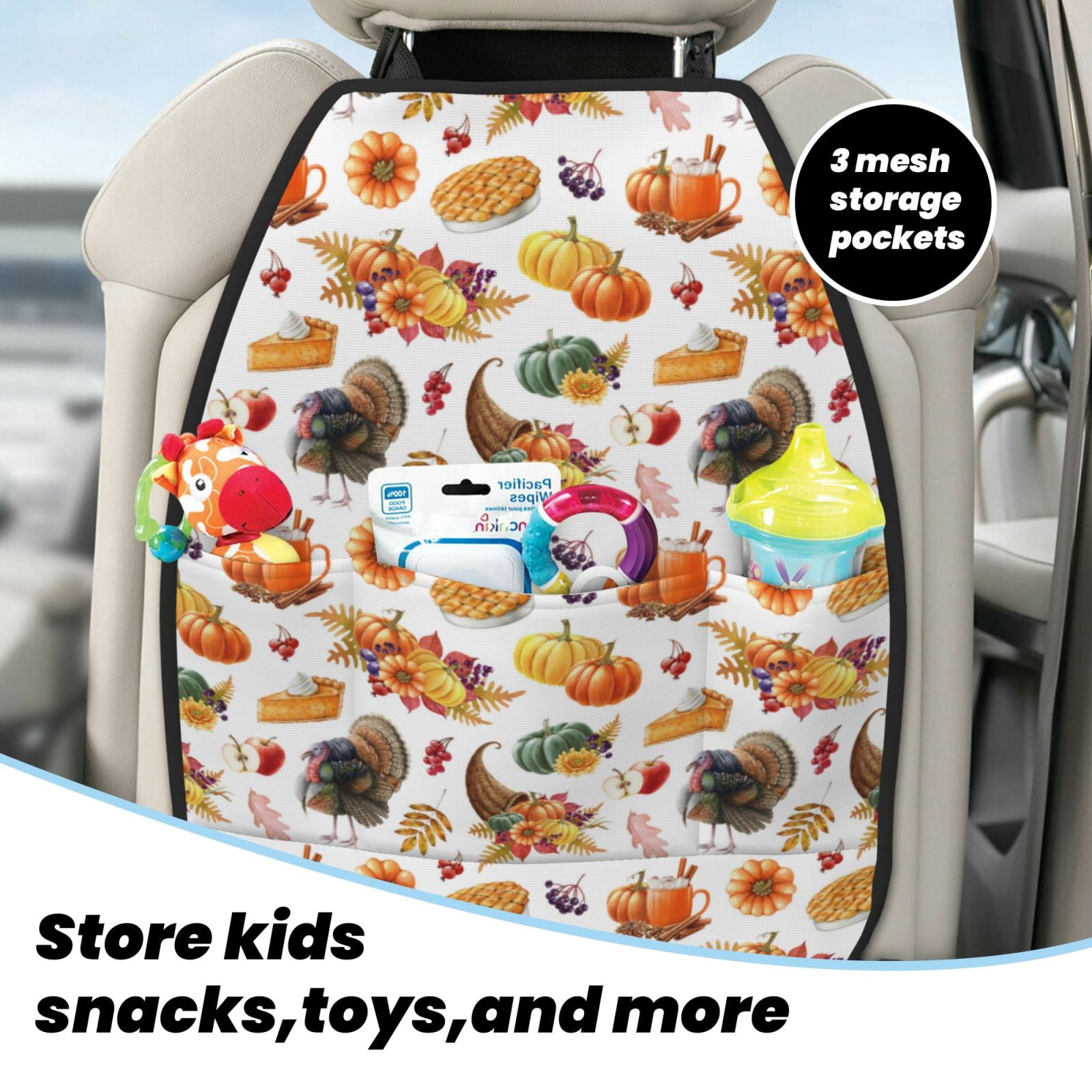 Kdxio Thanksgiving Turkeys 1 Print 2 Pack Car Kick Mat Seat Cover Back Protector Mat with Pockets for Organizer Backseat Protector and Storage Anti Kick Pad for Vehicles