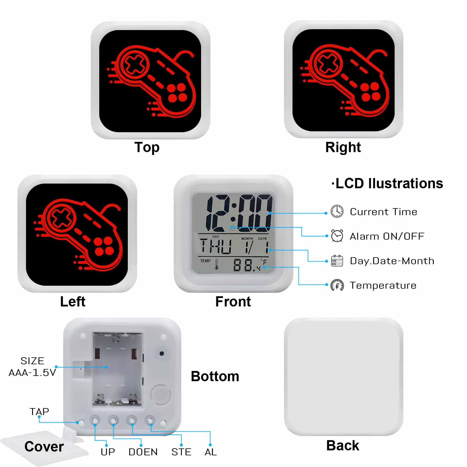 Alarm Clocks Video Games Controller Digital Clock 7 Color LED Night Light Silent Non-Ticking Battery Operated Black Red Gaming Console Cube Clocks for Bedroom Bedside Living Room Office School