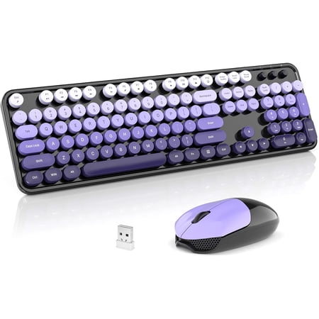 Retro Wireless Typewriter Keyboard with Number Pad and 2.4GHz Wireless Mouse Combo for PC/Laptop/Desktop (Black Purple Colorful)
