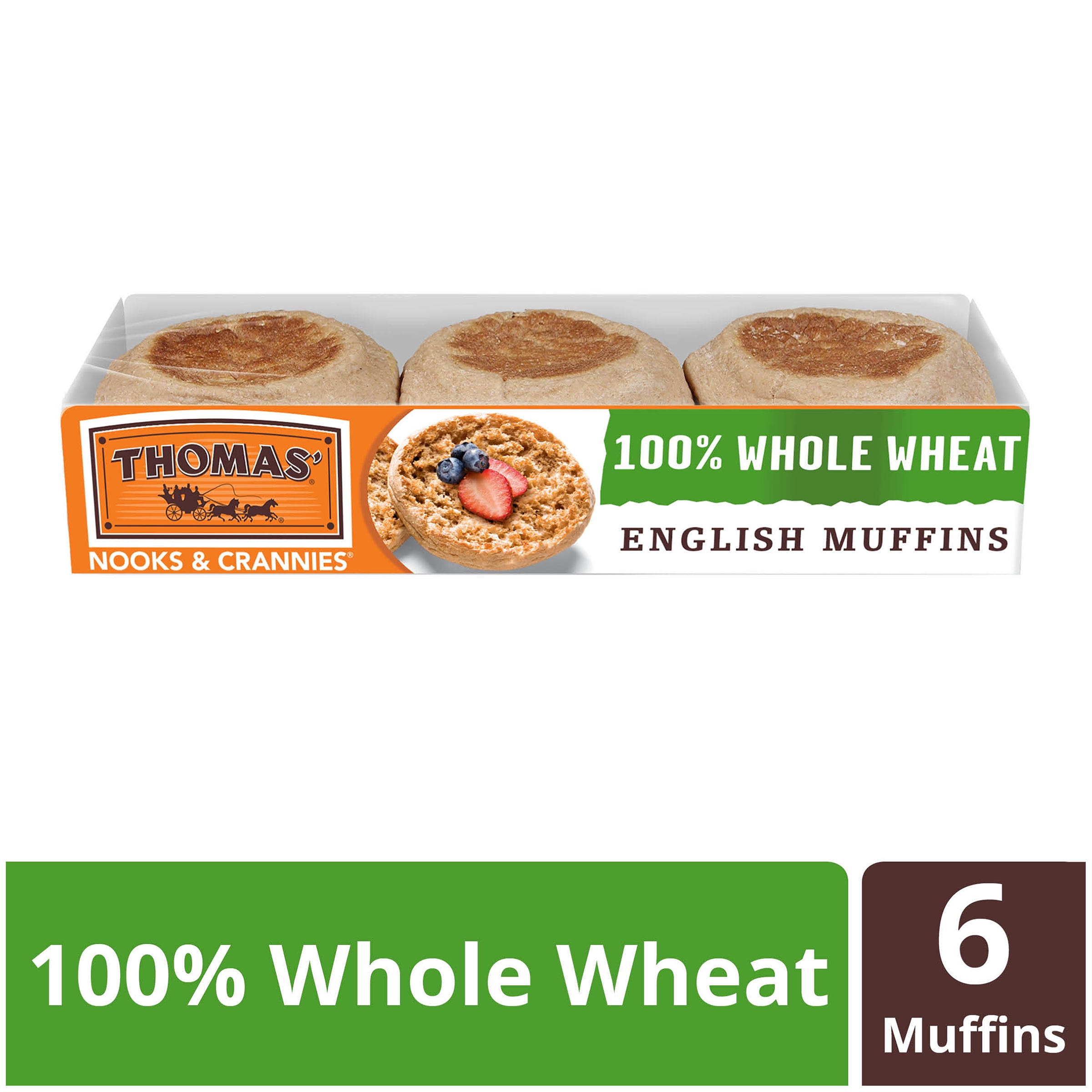 Thomas' 100 Whole Wheat English Muffin, Made with Whole Grains, 6