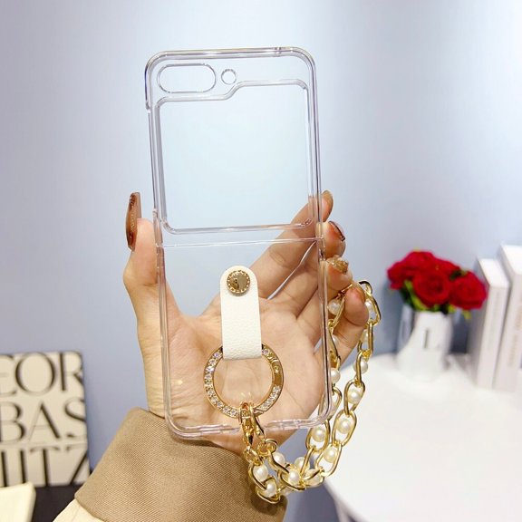 Haobuy Compatible with Samsung Galaxy Z Flip 5 Clear Case with Strap Lanyard Transparent Shockproof Case-White