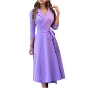 Women's Fall Dresses V Neck Lapel Collar Solid 3/4 Sleeve High Waist Swing A-Line Dress with Belt Work Dresses