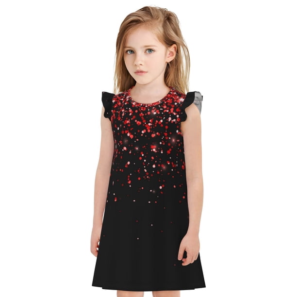 Fotbe Red Glitter1 Vestido de Dormir para Niñas de 3 a 10 Años, Mangas Cortas, Estilo Princesa, Pijama Camisón con Mangas Voladas-Small