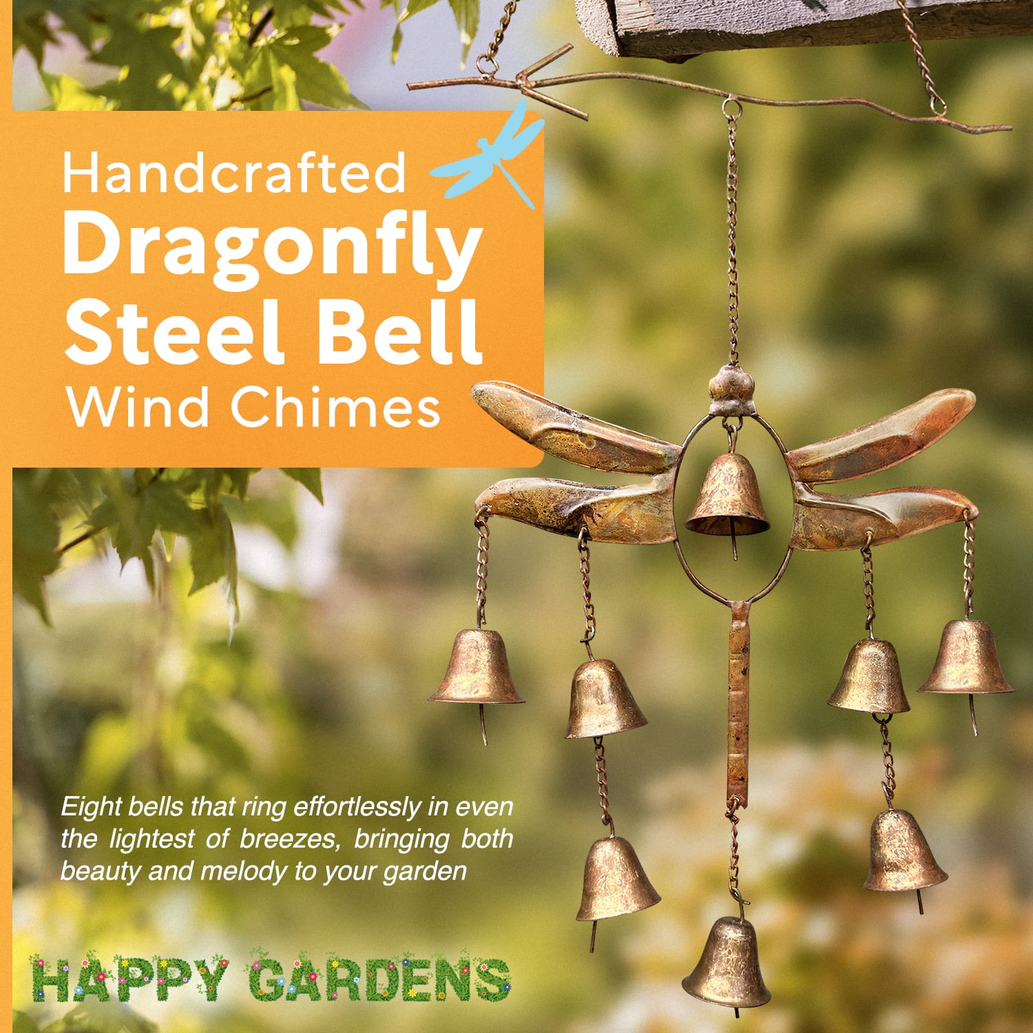 Happy Gardens Handcrafted Dragonfly Steel Wind Chimes with 8 Bells (Flamed Finish) Outdoor Metal Hook Hanging Decor for Outside Back Yard