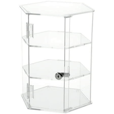 Plymor Clear Acrylic Hexagonal Locking Display Case, 2 Shelves, 12" H x 9.5" W x 8.25" D