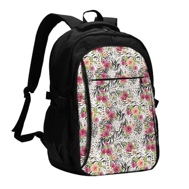 Disketp Roses Mixed Zebra Mochila de Viaje Estampada para Laptop con Puerto de Carga USB, Mochila Impermeable para Computadora – Regalo para Hombres y Mujeres