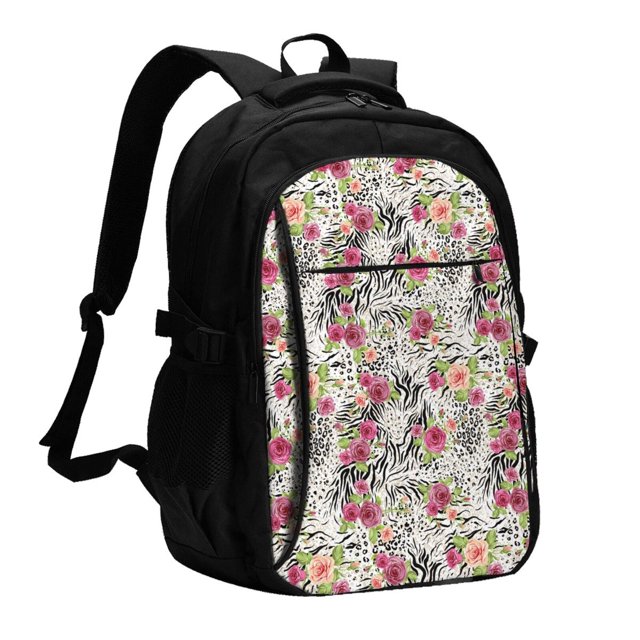 Balery Roses Mixed Zebra Mochila con carga USB para hombre y mujer - Mochila impermeable y antirrobo para laptop con puerto USB para viajes, trabajo