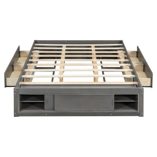 Queen Size Platform Bed Frame with 4 Storage Drawers and Footboard Storage Cubby, No Headboard Design Solid Wood Platform for Bedroom, Gray