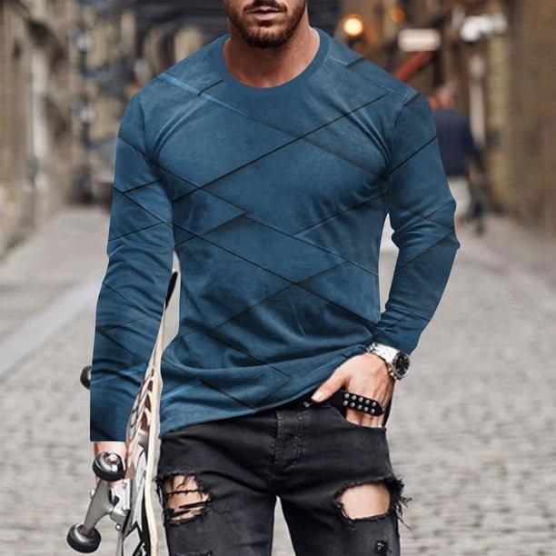 Blusas y camisas de manga larga con cuello redondo para hombre, blusa informal de manga larga con cuello redondo y estampado de rayas, blusa de poliéster para hombre