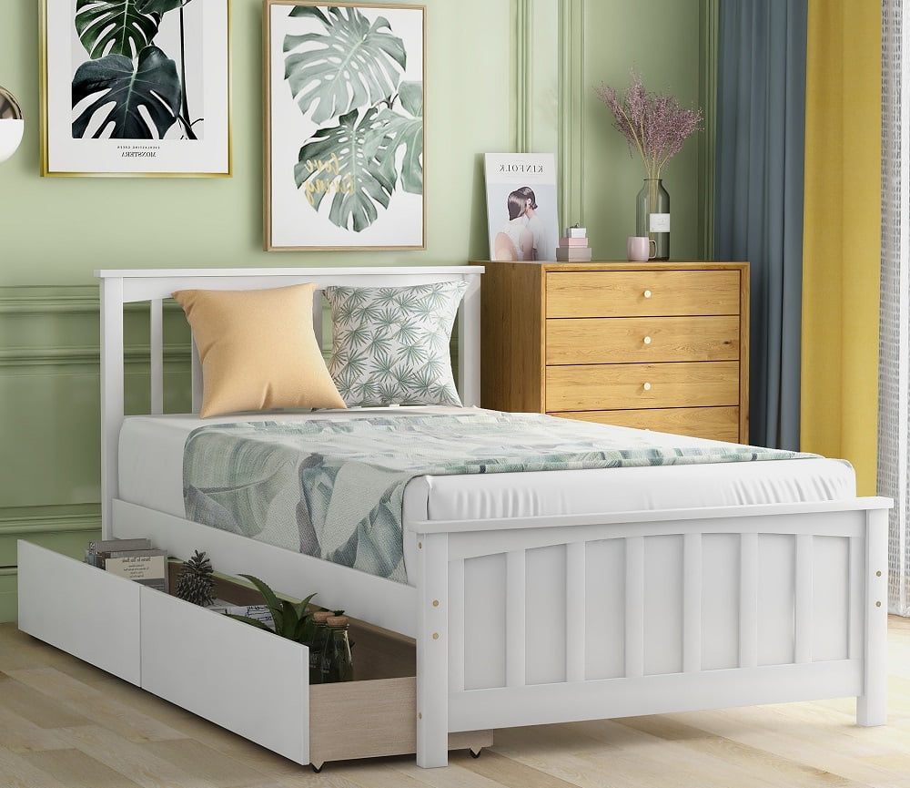 Wood Platform Bed Frame with Storage, Twin Size Bed Frame for Girls