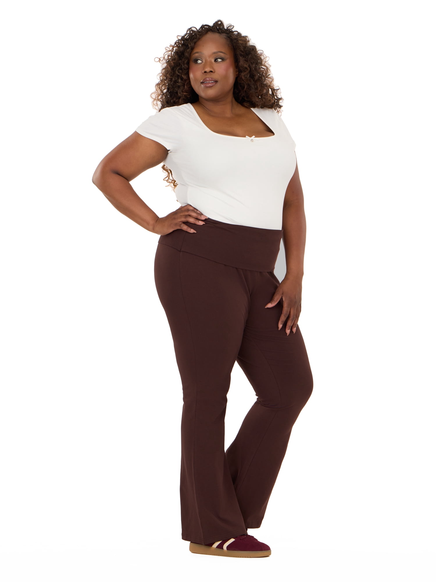 Forever 21 Women's Jersey Fold Over Waist Pants with Graphic Detail, Flare Leg Lounge Pants, Stretch Casual Everyday Comfort Style, Brown, XXS-4X
