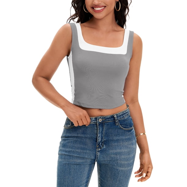 ATHLECHIC Camiseta sin mangas de cuello cuadrado para mujer, top corto de verano en bloques de color, gris