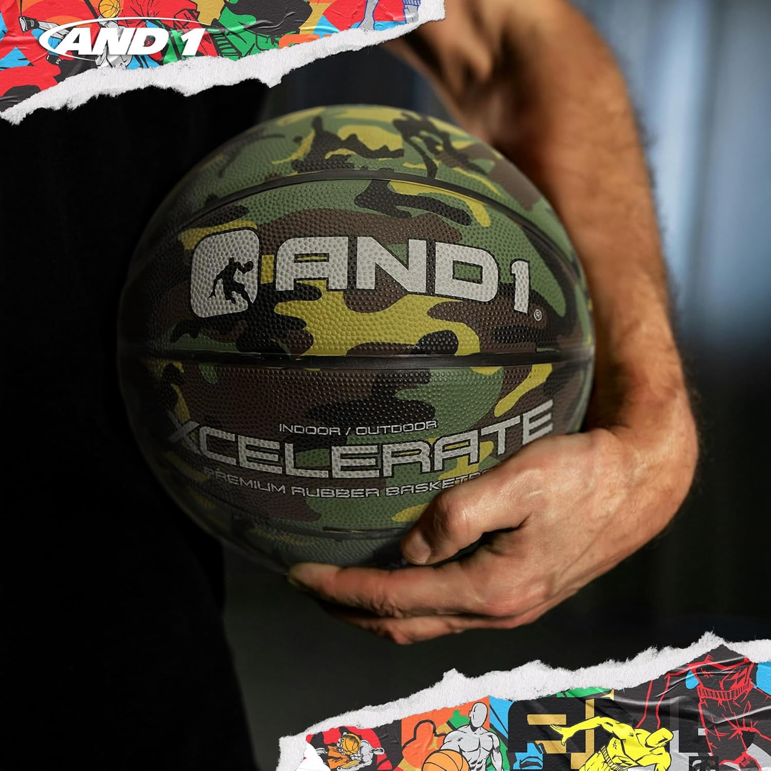 AND1 Xcelerate Rubber Basketball, Deep Channel Construction for Indoor/Outdoor, Size 7 (29.5")