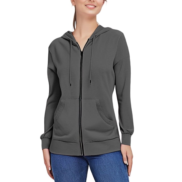 Pocket Long Sleeve Hooded Threaded Sweater Ladies Zipper Top