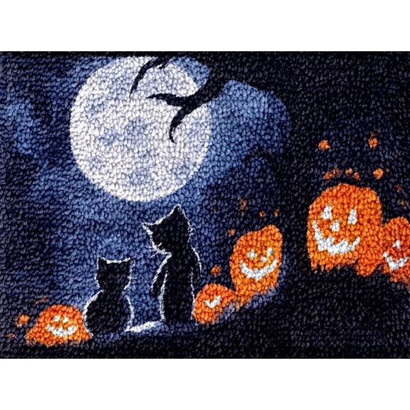 Halloween Kitten Latch Hook Kits Rug DIY Cushion Tapestry Making Crochet Hook Mat Making Kits Color Preprinted Pattern Canvas DIY Carpet Needlework Crochet Kits 52x38cm (G11-39)