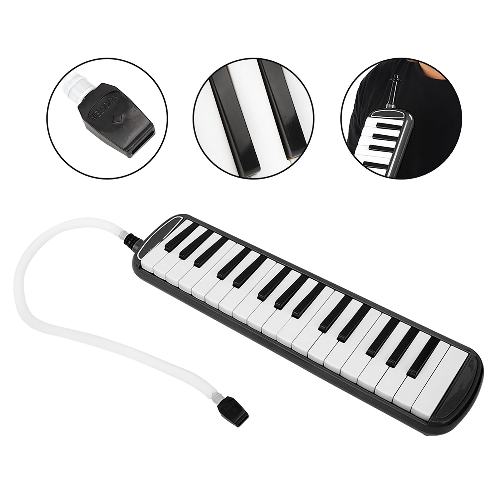 Melodica 32 Key (Black) Pianica Blow Piano Keyboard Harmonica Wind  Instrument /w Portable Carrying Bag, 2 Long Tube Mouthpiece, 2 Trumpet  Mouthpiece Kit for Beginners Kids Fun Music Gift 
