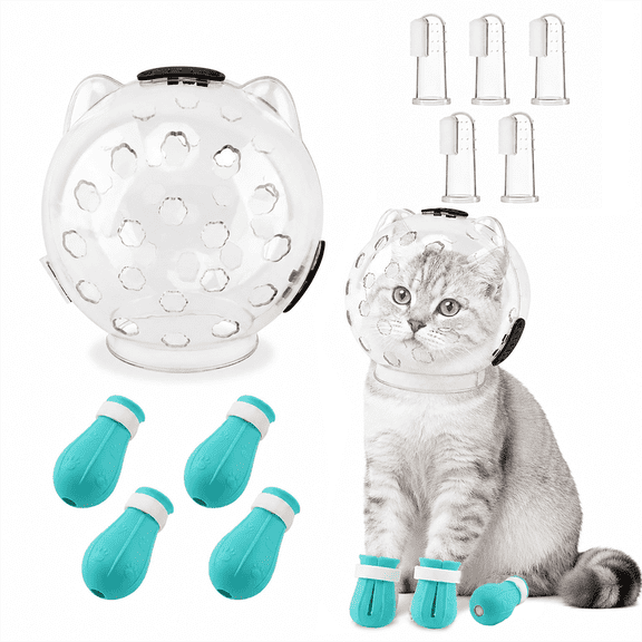 Leyeet Cat Muzzle and Boots, Breathable Cat Muzzle for Grooming, Adjustable Bubble Muzzle with Silicone Paw Covers, Anti Bite Cat Hood Face Mask for Bathing Shaving Nail Trimming, Cat Owners Essentia