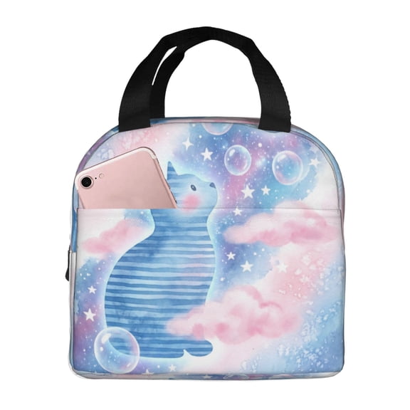 Cute Cat Lunch Bag With Cats Reusable Lunch Box Front Pocket Zipper Closure Leakproof Insulated Cooler Tote Bag Food Container Cartoon LunchBox For Men Women Work Travel Picnic