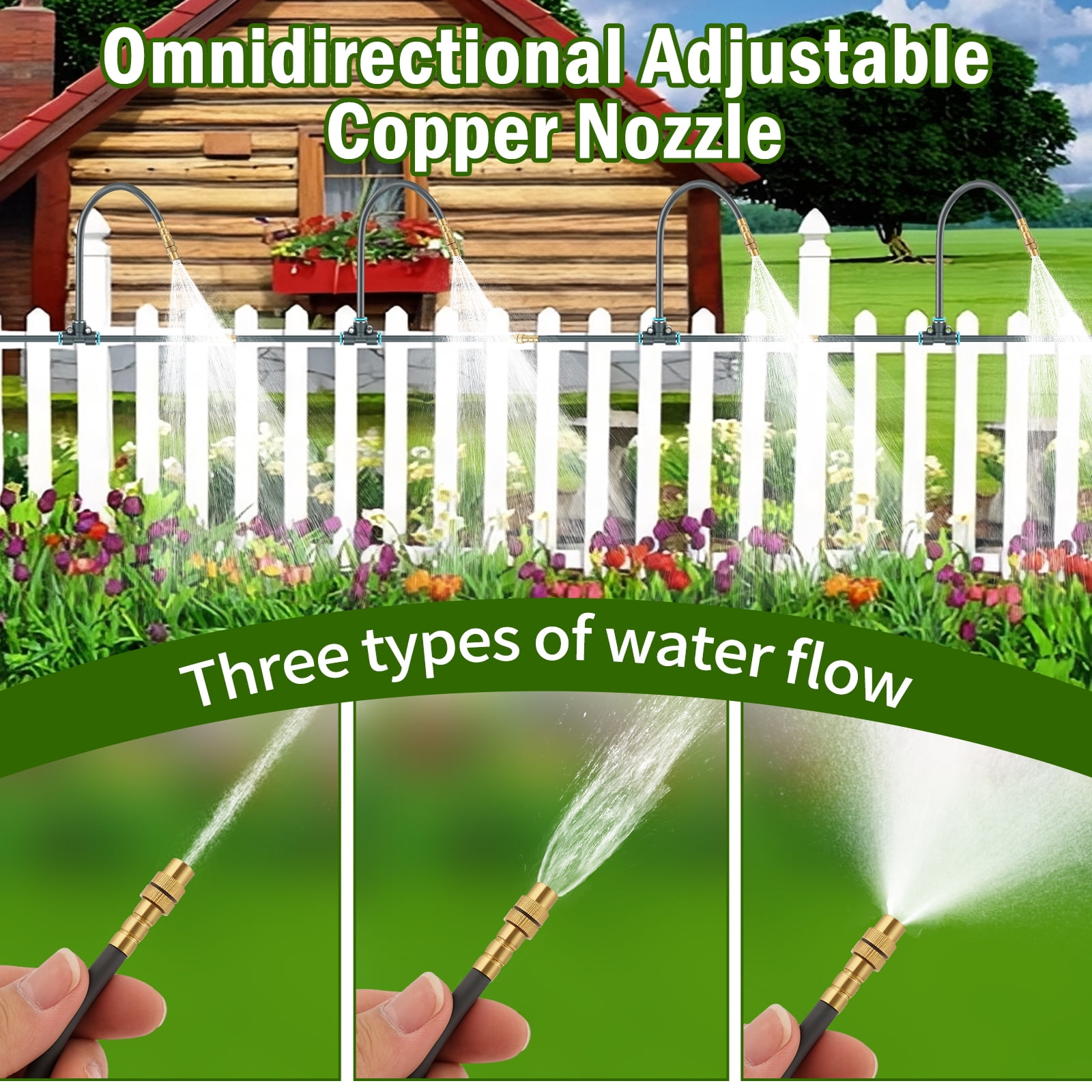 100Ft 1/4inch Drip Irrigation Kit Drip Irrigation System Garden Irrigation Kit with 360° Adjustable Copper Nozzles for Outdoor Greenhouse Lawn