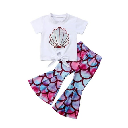 

Puloru Summer Toddler Kids Baby Girl Clothes Mermaid Tops Bell-Bottom Pants 2pcs Outfits Set