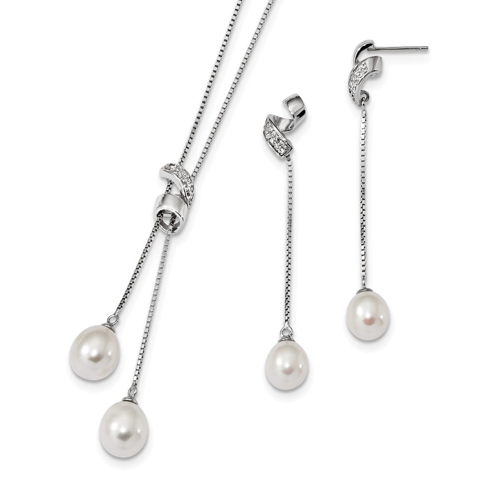 Mia Diamonds 925 Sterling Silver Rhodium 9-10mm White FWC Pearl Cubic-Zirconia Chain Necklace Slide Neck CZ