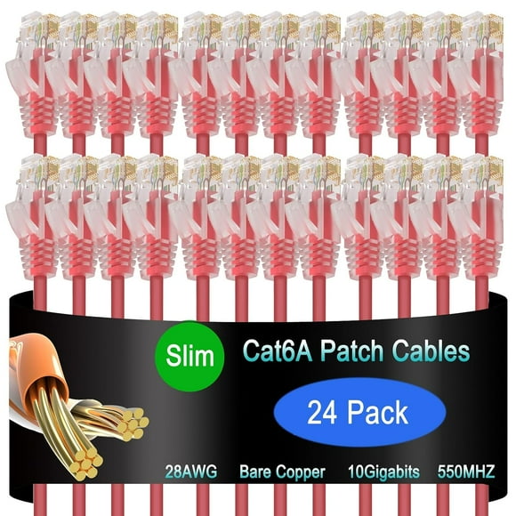 UTAH-Cat6a Slim Ethernet Patch Cable 1 ft (24 Pack), Cat6a Patch Cable for Data Centers, Cat 6 Patch Cable 10G, Network Patch Cables for Home and Enterprise Network -Red