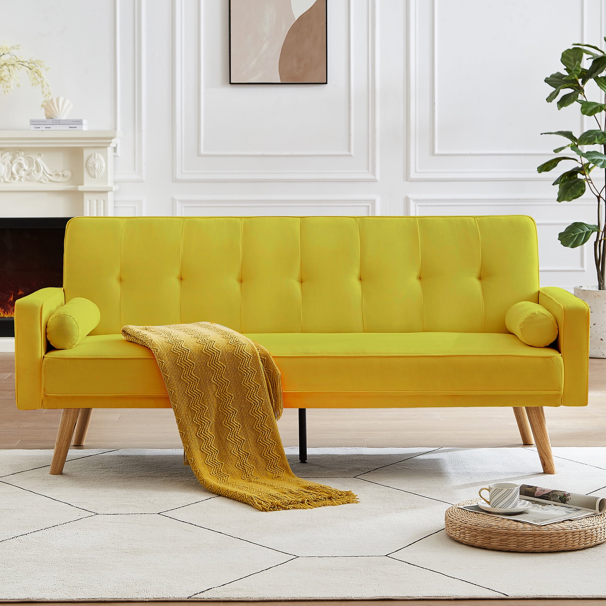 SYNGAR Futon Sofa Bed, Mid Century Fabric Futon Sofa with Wood Leds