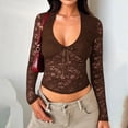 thumbnail image 4 of Sheer Tops for Women, Yigetop Lace Long Sleeve Tops for Women Low Cut Going Out Mesh Crop Tops Slim Tight Shirts Lace Undershirt Lace Tops for Women Brown XL, 4 of 7