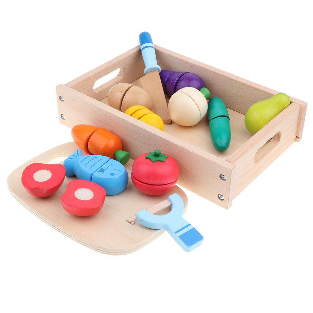 Wooden Play Food Set Play Fruit and Vegetables Pretend Kitchen Accessories 14PCS 