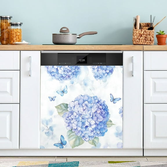 Dishwasher Sticker Dishwasher Cover Magnet Refrigerator Home Decorative Art Kitchen Panel Decal Blue Hydrangea Pattern 23x26 Inch