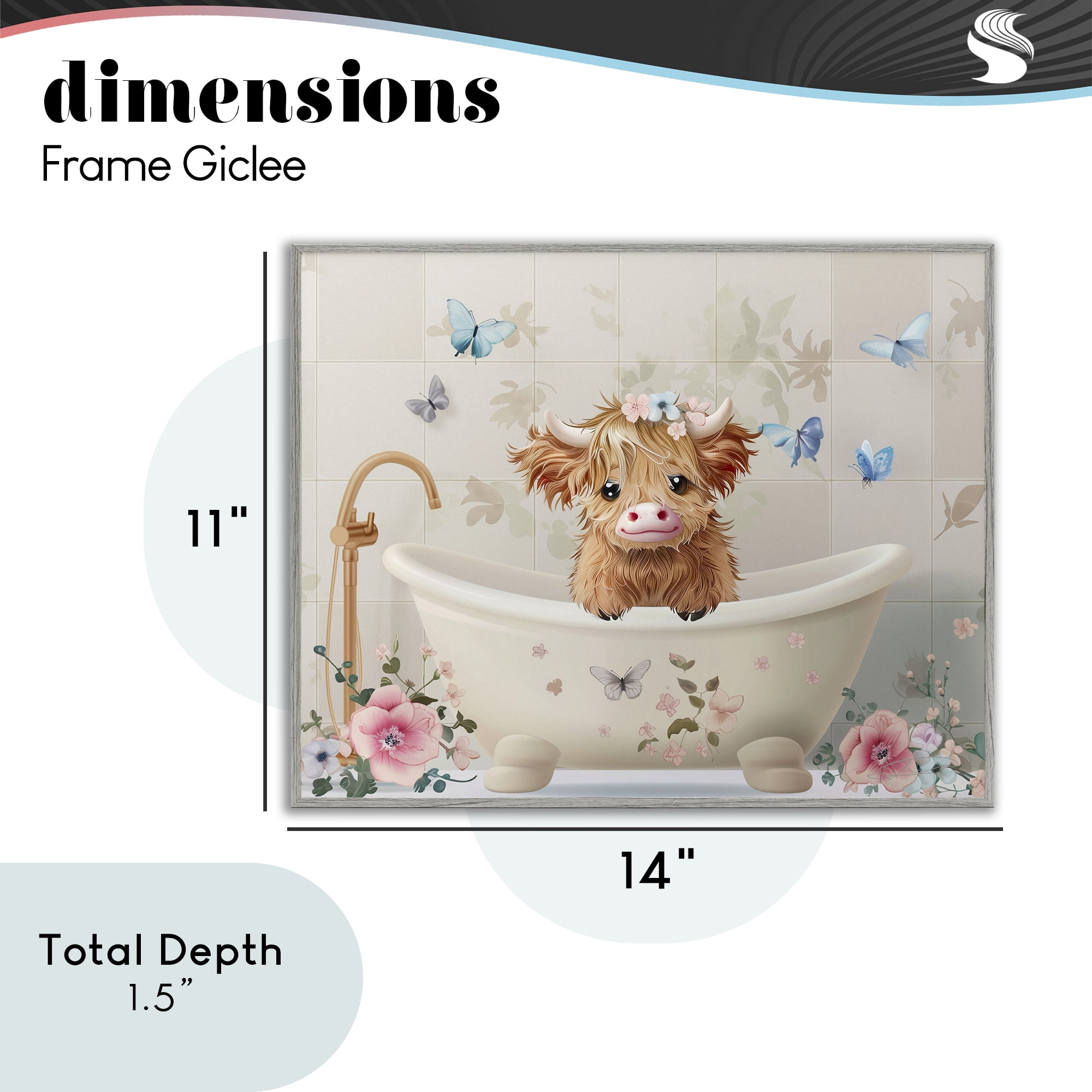 Baby Cattle in Floral Tub Gray Framed Giclee Art, design by Shawna Stewart