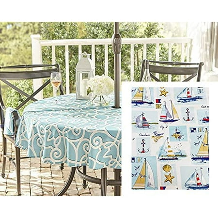 

Newbridge Sail Away Nautical Cape Cod Flannel Backed Vinyl Tablecloth Sail Boats Lighthouse Seashore Print Vinyl Indoor/Outdoor Waterproof Patio BBQ Tablecloth 70 Inch Zippered Umbrella Round