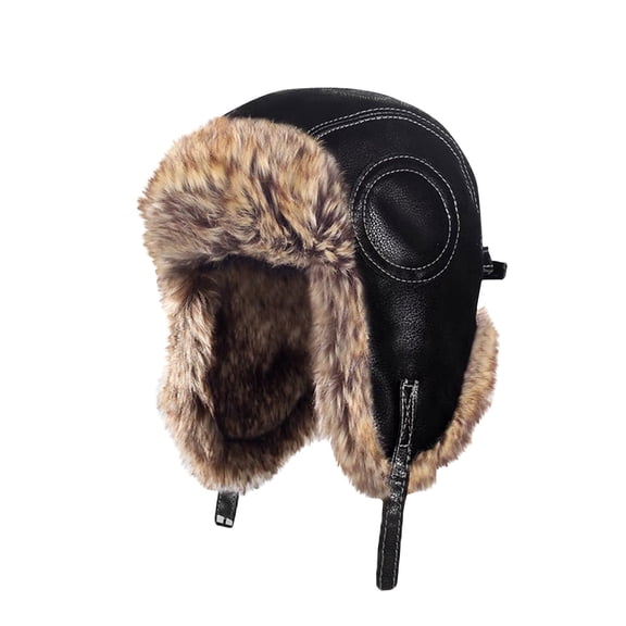 Xfvqtps Mens Trapper Hat Ear Protection Leather Plush Lining Adjustable Strap Thickened Windproof Coldproof Outdoor Sports Skiing Motorcycle Hats Black