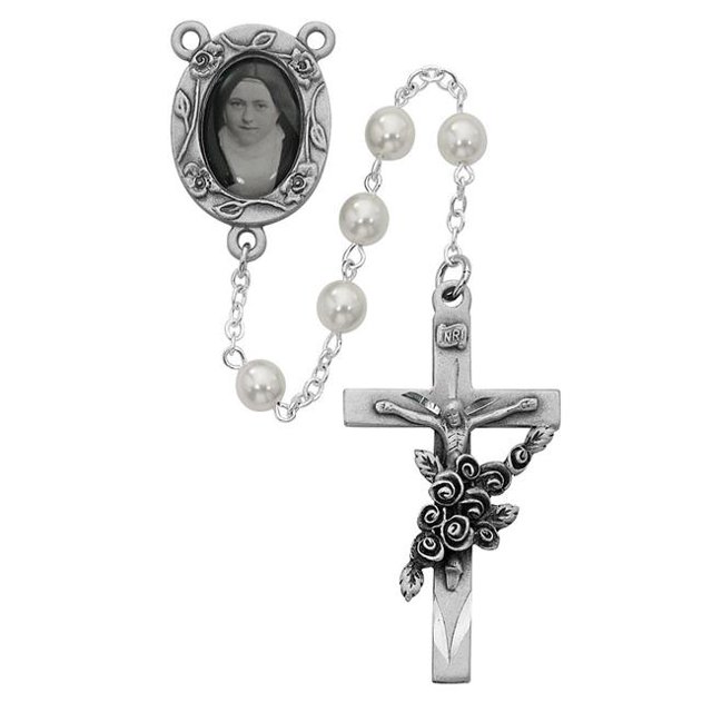 McVan 792DF 7 mm Pearl Like St.Therese Cross Rosary Set - White