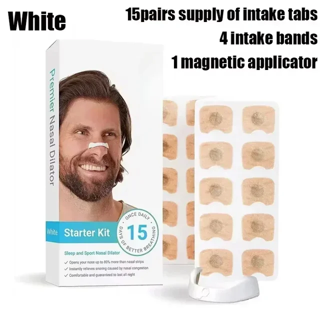 kits de dilatadores de respiración nasal magnéticos, 15 pares, kit blanco con caja frontal que muestra rostro masculino difuminado, tres columnas de parches adhesivos beige y aplicador magnético blanco en primer plano; dilatador nasal deportivo para impulso de entrada de oxígeno y clip nasal de repuesto, adecuado como soporte nasal temporal para ejercicio.