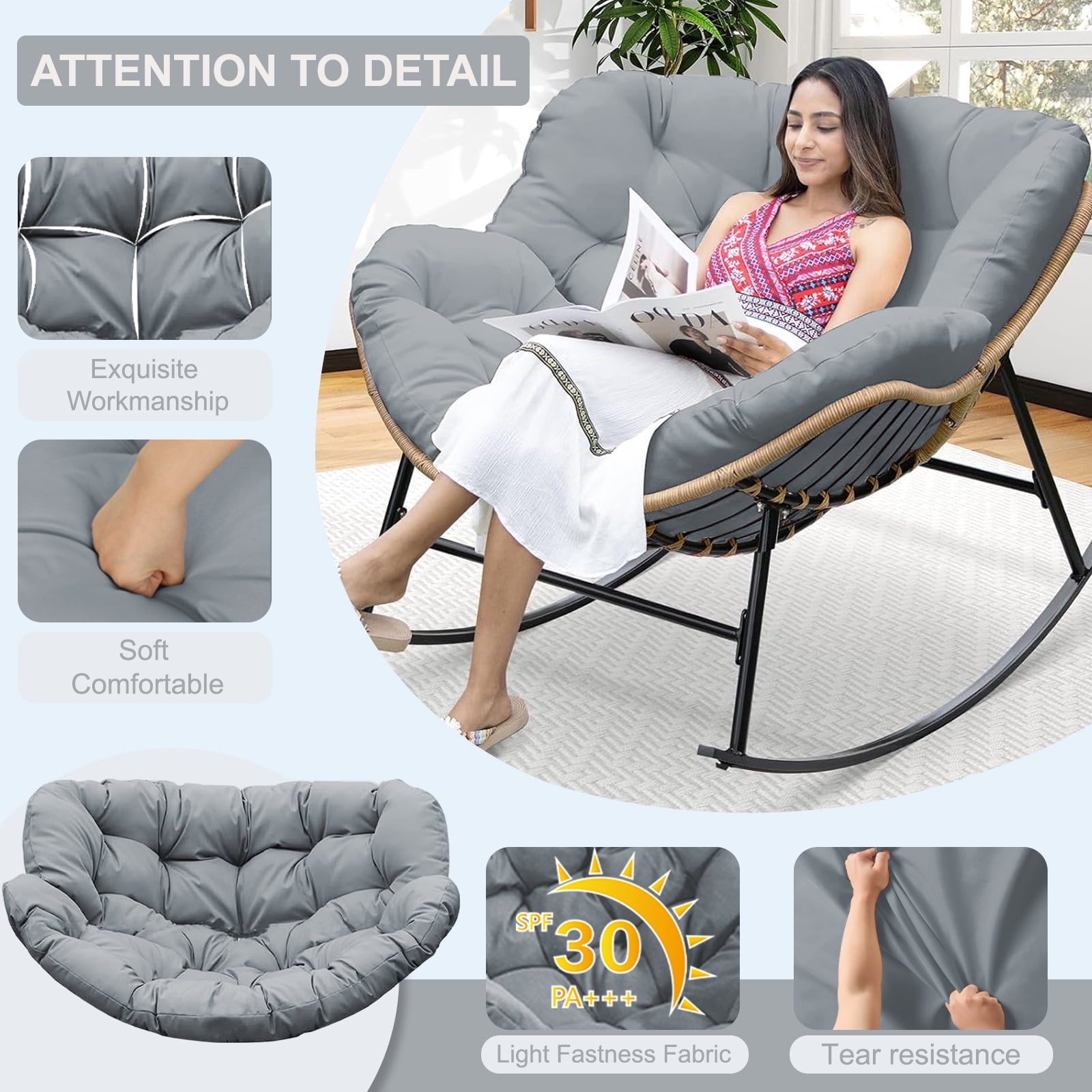 XXLYY Outdoor Rocking Chair Cushions – 6.3" Thick Waterproof Papasan Egg Chair Pad with Ties, Comfortable Round Seat Cushion for Living Room, Patio, Porch, or Balcony